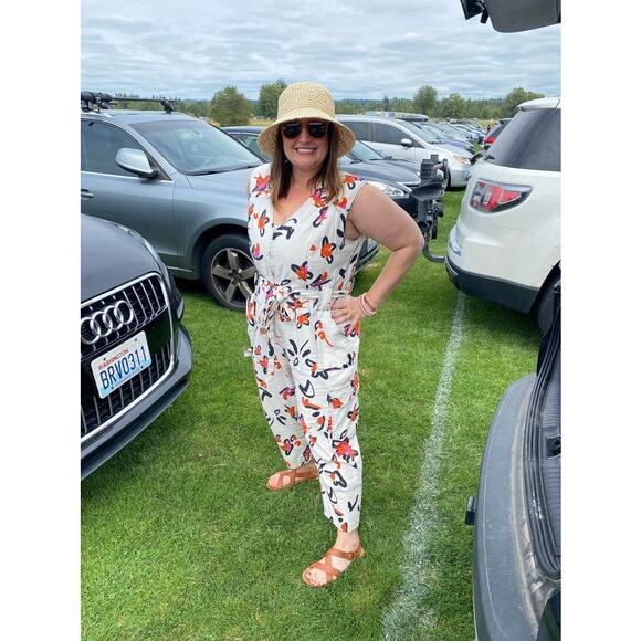 TANYA TAYLOR Margot Orange Blooms Floral Linen Blend Jumpsuit Size 10 - Picture 4 of 10